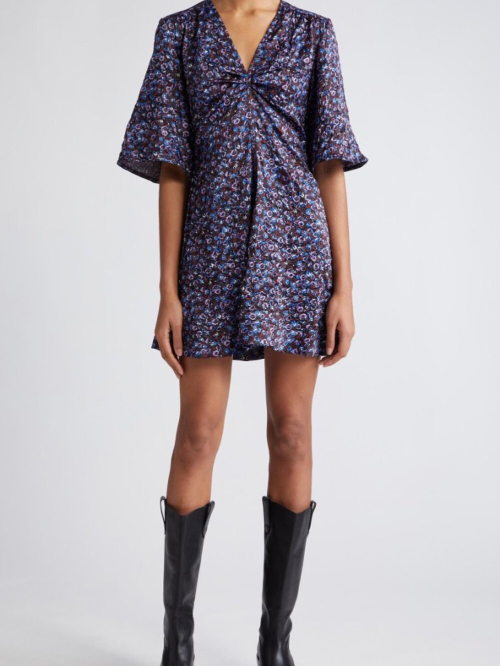 Ganni Floral Print Crinkle Ruched Minidress, EU Size 34 (US Size 2)